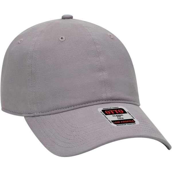 A grey 6 panel baseball cap with a curved brim and a logo on the side.