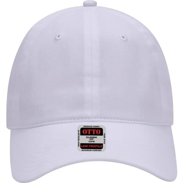 A white 6-panel low profile baseball cap with a logo on the front.