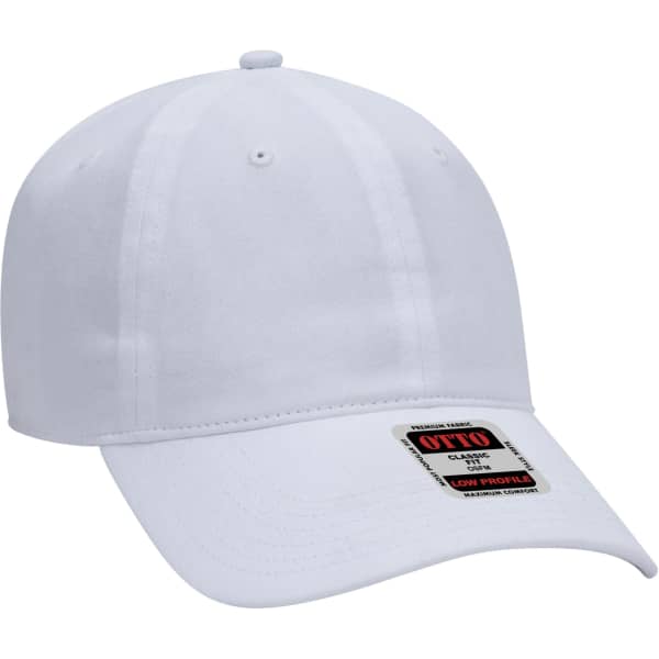 A white 6-panel baseball cap featuring a curved visor and a logo patch on the front.