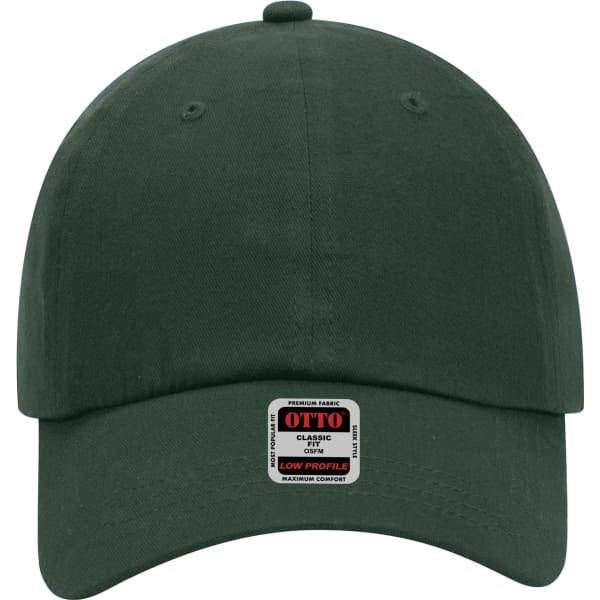 A dark green 6-panel low profile baseball dad cap with a logo on the front.