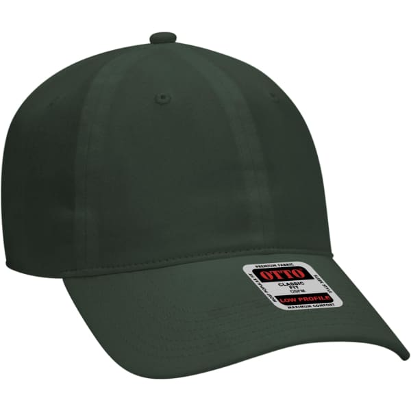 A dark green 6 panel baseball cap with a logo, featuring a curved brim and a low-profile design.
