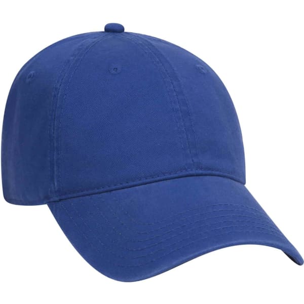 A blue six-panel dad hat featuring a curved brim and a logo on the front.