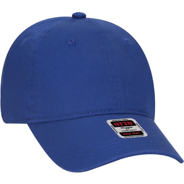 A blue 6 panel dad hat featuring a curved brim and an adjustable strap at the back, with a logo on the front.