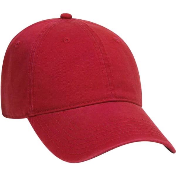 A red 6 panel dad hat with a curved brim and an adjustable strap. It features a logo on the front.