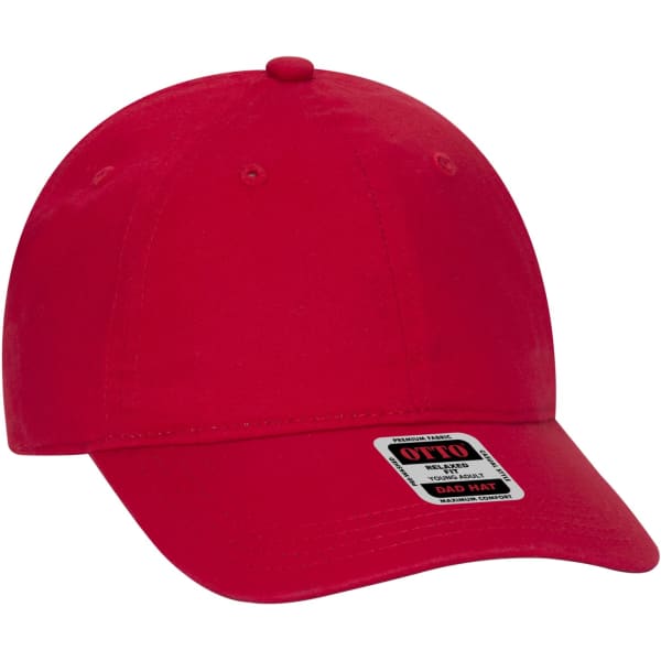 A red 6-panel dad hat with a curved brim and an attached logo label on the side.