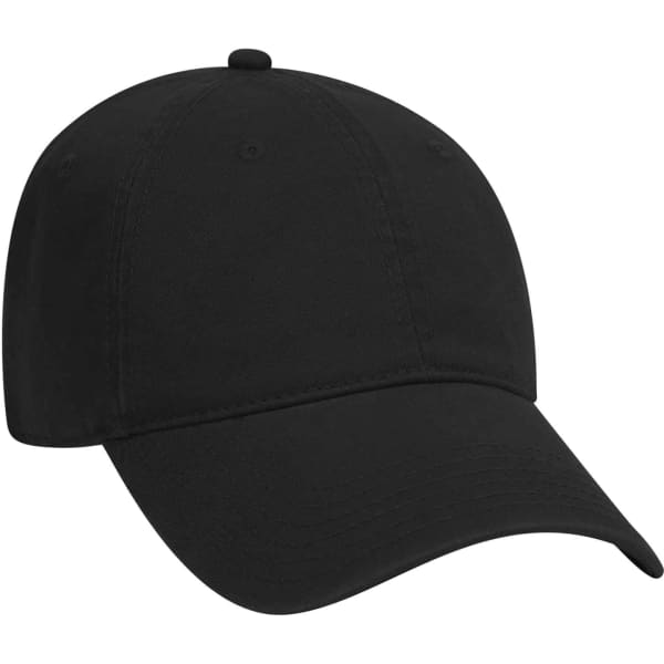 A black 6 panel dad hat featuring a curved brim and an adjustable strap at the back. It includes a logo.