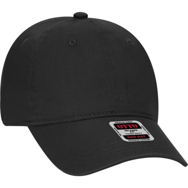 A black six-panel dad hat with a curved brim and a logo on the front label.