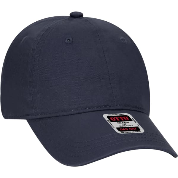 A navy 6-panel dad hat with a curved brim and a logo on the side.