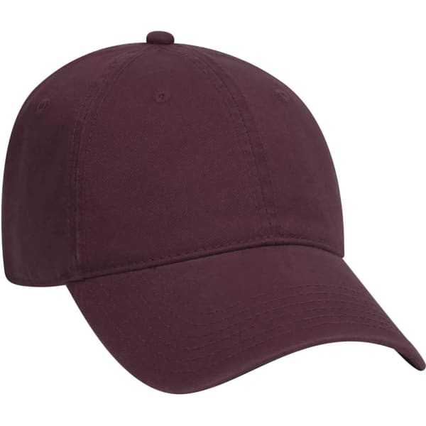 A burgundy 6 panel dad hat with a rounded crown and a curved brim. The cap features a logo.