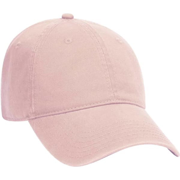 A light pink 6-panel dad hat with a curved brim, featuring a logo on the front.