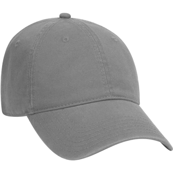 A grey 6 panel dad hat with a curved brim and a branding logo on the front.