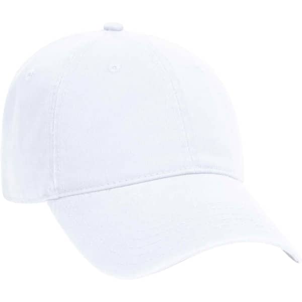 A white 6-panel dad hat with a curved brim and a stitched logo on the front.