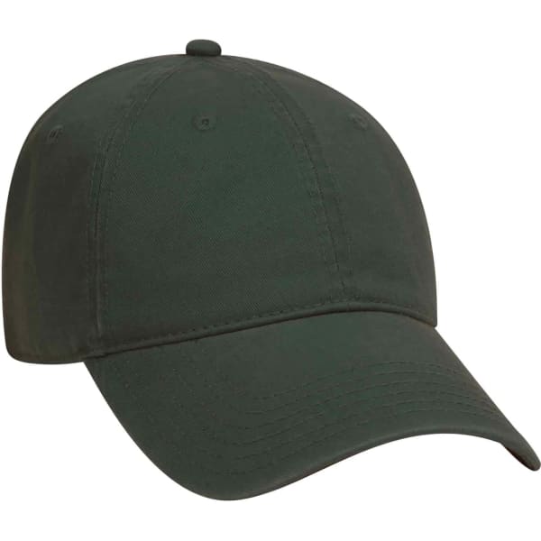 A dark green 6 panel dad hat with a curved brim and a logo on the front.