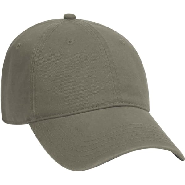 A 6 panel dad hat in olive green, featuring a curved brim and an adjustable strap at the back. It has a logo.