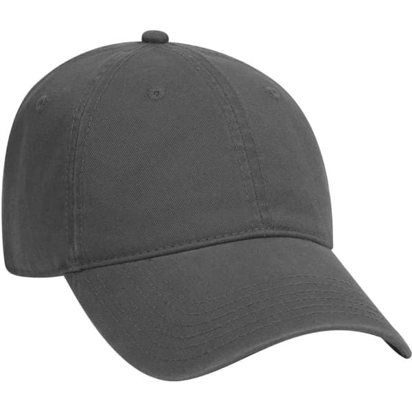 A grey 6-panel dad hat with a curved brim and an adjustable strap at the back. It features a logo.