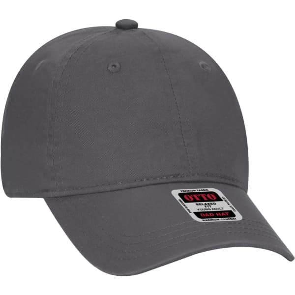 A grey 6-panel dad hat with a curved brim and an adjustable strap at the back, featuring a logo.