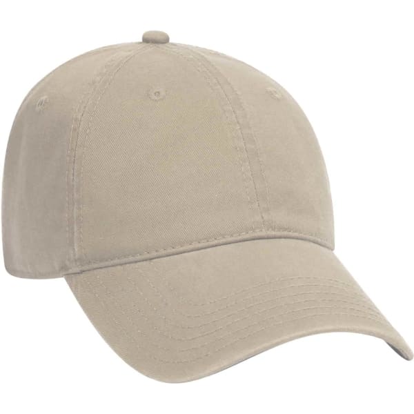 A light beige 6 panel dad hat with a curved brim and an adjustable strap, featuring a logo on one side.