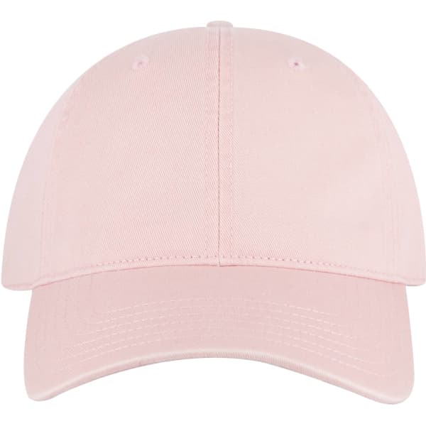 A pink 6 panel dad hat with a curved brim and a logo on the front.