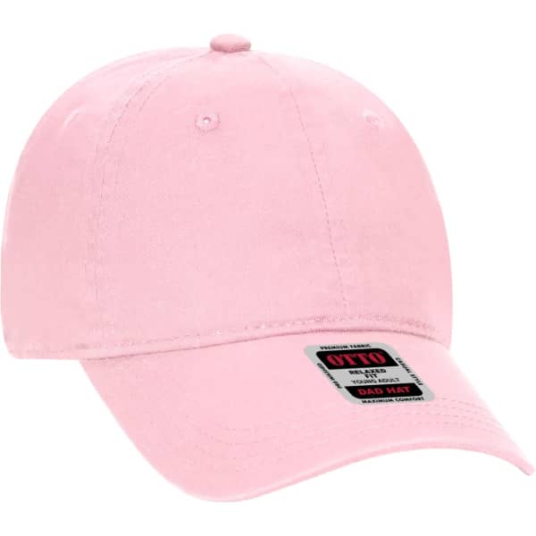 A pink 6 panel dad hat with a curved brim and a logo on the front.