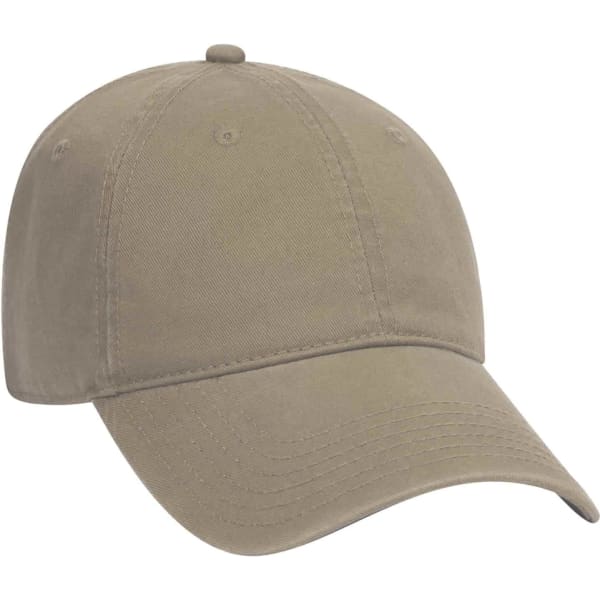 A beige 6 panel dad hat with a curved brim and a logo on the front.