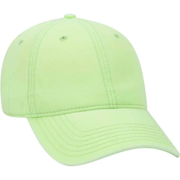 A lime green 6 panel dad hat with a curved brim and a logo on the front.