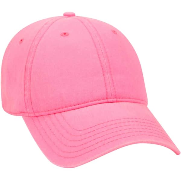 A pink 6 panel dad hat featuring a curved brim and a logo, designed for casual headwear.