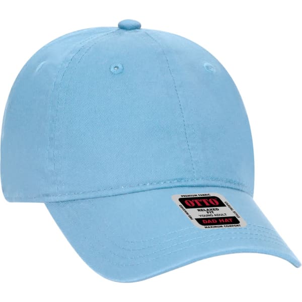 A light blue 6-panel dad hat with a curved brim and a logo on the front.