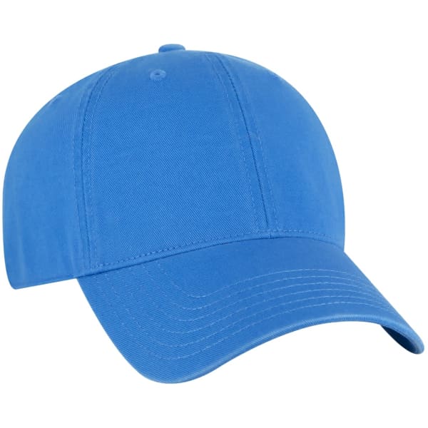 A blue 6 panel dad hat featuring a curved brim and a logo on the front.