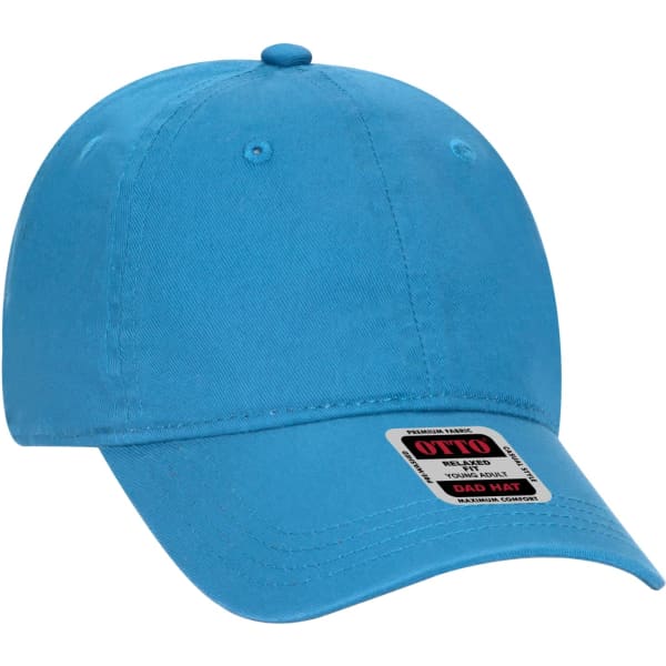 A blue six-panel dad hat with a curved brim and a branding label on the side.