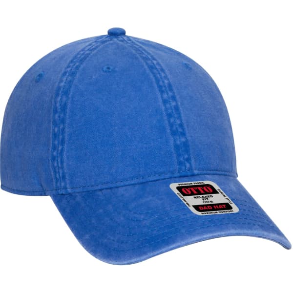 A blue 6-panel dad hat with a curved brim and a logo displayed on a tag.