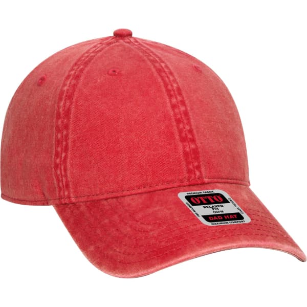 A red 6 panel dad hat with a curved brim and a logo on the front, featuring a soft, denim-like texture.