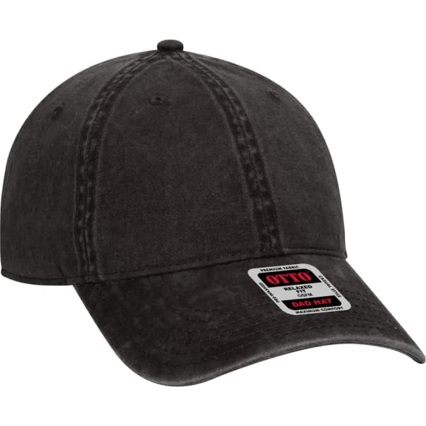 A dark grey six-panel dad hat featuring a curved brim, with a branding label on the side.