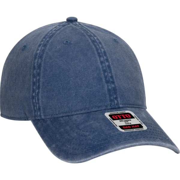 A blue 6-panel dad hat with a curved brim and a logo on the label.