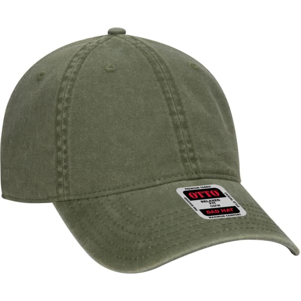 A green 6 Panel Dad Hat with a curved brim and a logo tag on the side.
