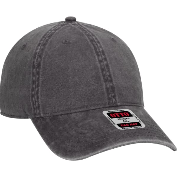 A grey 6 panel dad hat featuring a curved brim and a logo on the front.