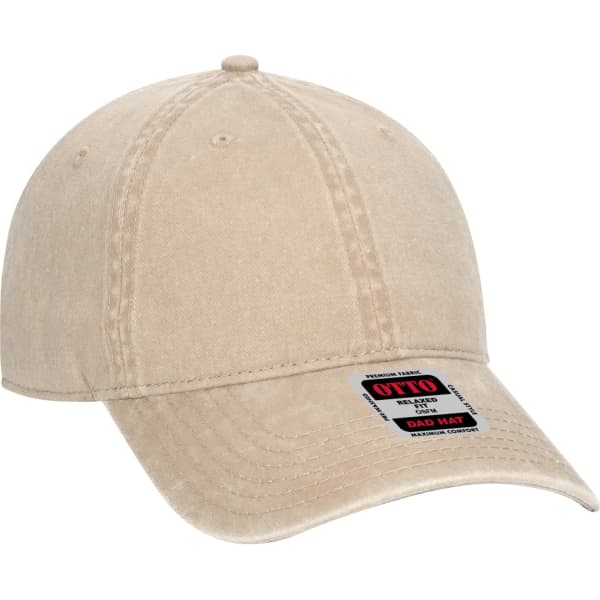 A beige 6-panel dad hat with stitching details and a logo tag, featuring a curved brim and adjustable strap.