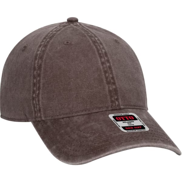 A grey 6 panel dad hat with a curved brim and a branded label on the side.