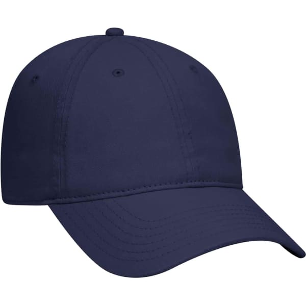 A navy blue 6-panel dad hat with a curved brim, featuring a logo on the front.
