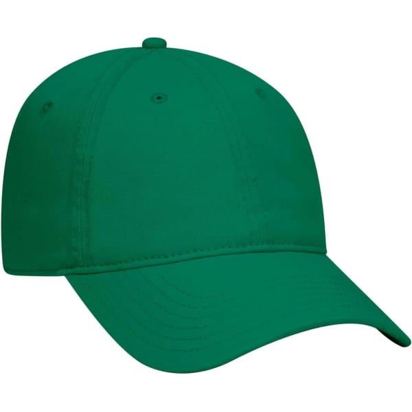 A green 6 Panel Dad Hat with a curved brim and a logo on the front. Suitable for casual wear.
