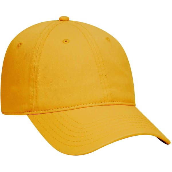 A yellow 6 panel dad hat with a curved brim and an adjustable strap, featuring a logo.