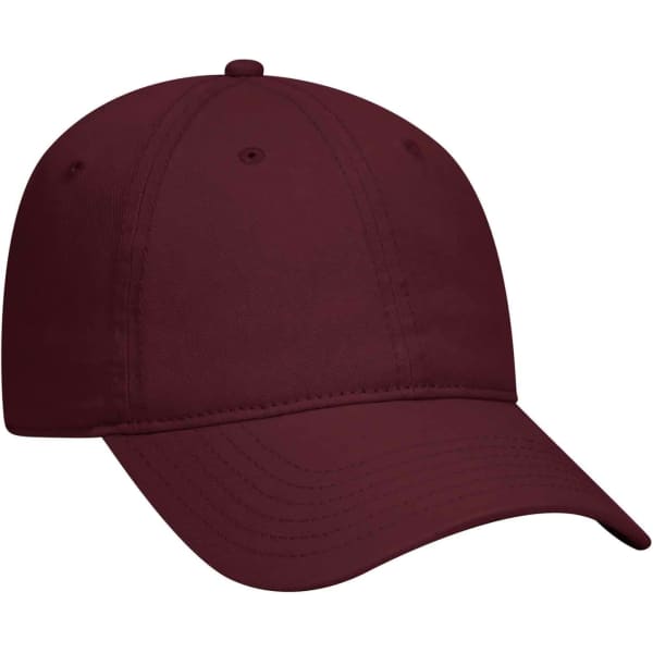 A maroon 6 panel dad hat with a curved brim and an adjustable strap at the back, featuring a logo.
