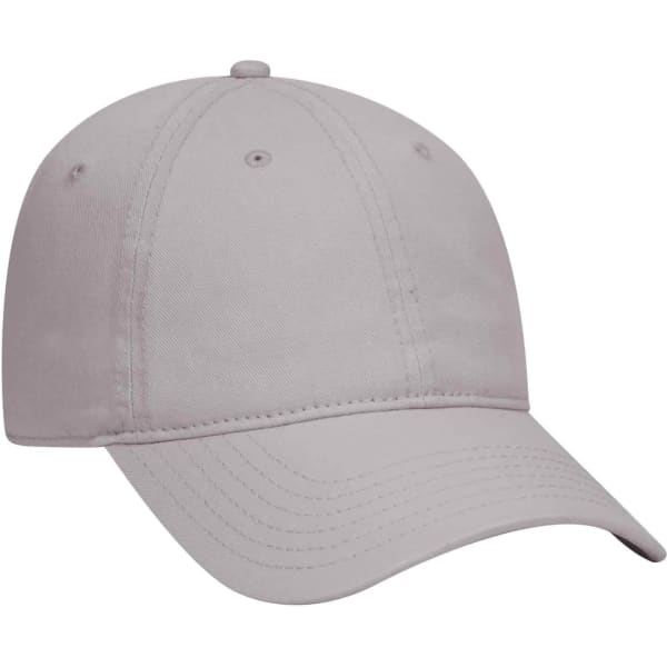 A light grey 6 panel dad hat with a curved brim and a logo on the front.