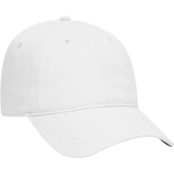 A white 6 panel dad hat with a curved brim and an adjustable strap at the back. It features a logo on the front.