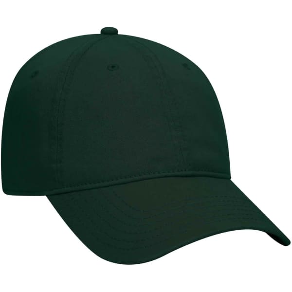A dark green 6 panel dad hat with a rounded crown and a curved brim, featuring a logo on the front.