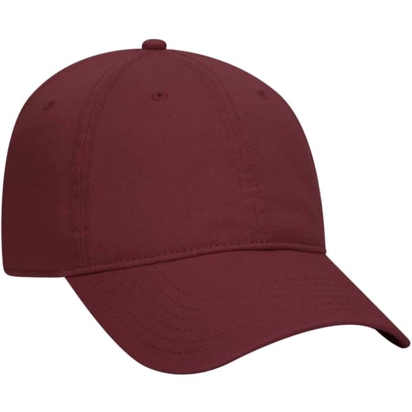 A maroon 6 panel dad hat with a curved brim and a logo on the front. Suitable for casual wear.