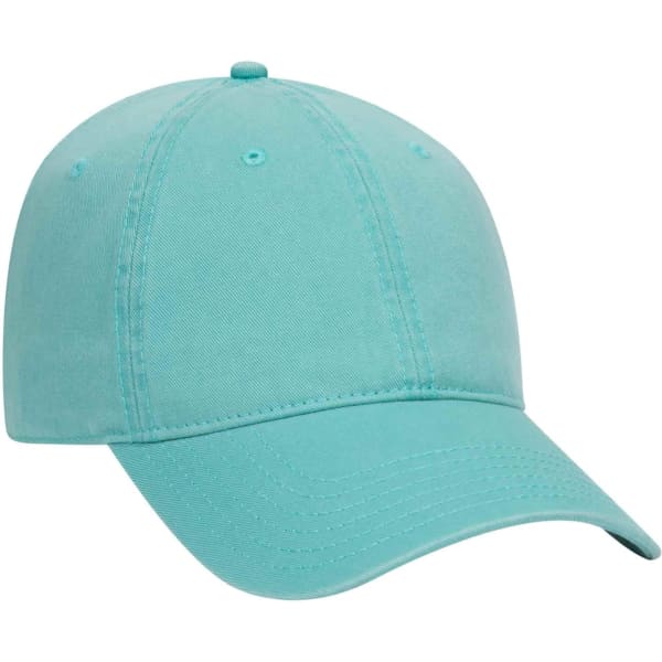 A turquoise 6 panel dad hat featuring a logo, designed as casual headwear.