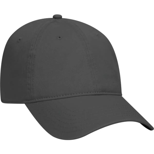 A dark grey 6 panel dad hat with a curved brim and a branding logo on the front.