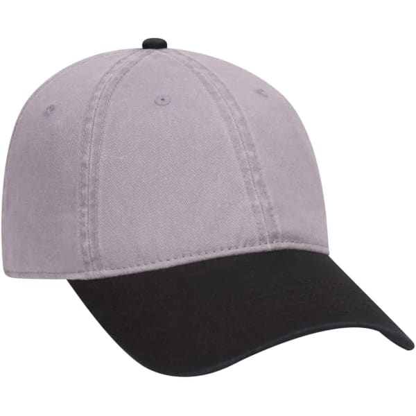 A six-panel dad hat in light grey with a black brim. Features a logo on the front.
