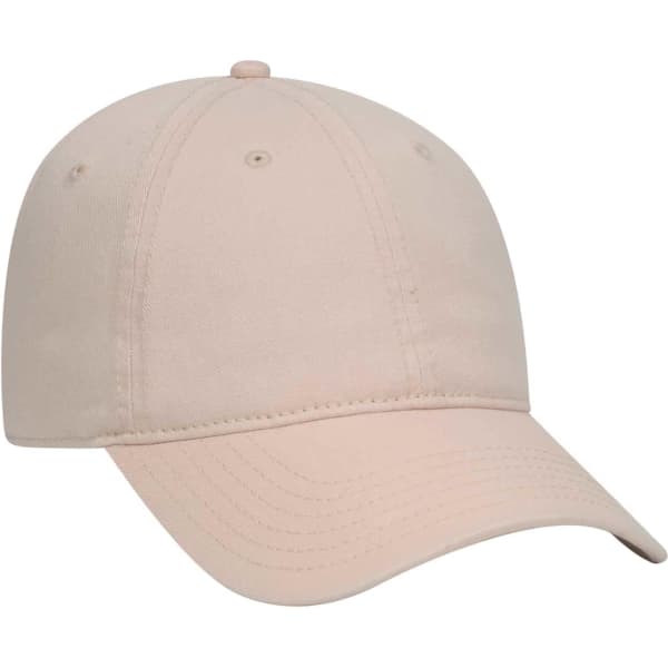 A beige 6-panel dad hat featuring a curved brim and a logo on the front.