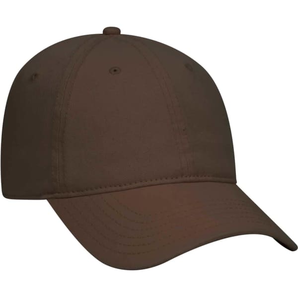 A brown 6-panel dad hat with a curved brim and a logo on the front.